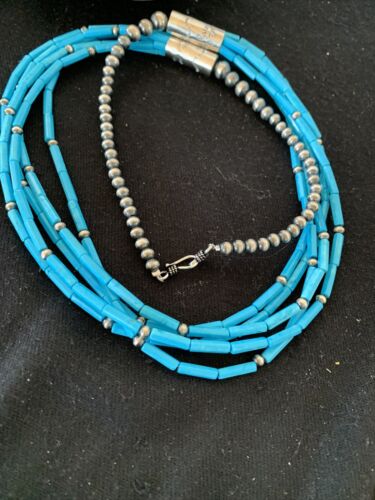 Southwestern Sterling Silver Blue Tube Turquoise Necklace | 5-Strand | 29" | 00830