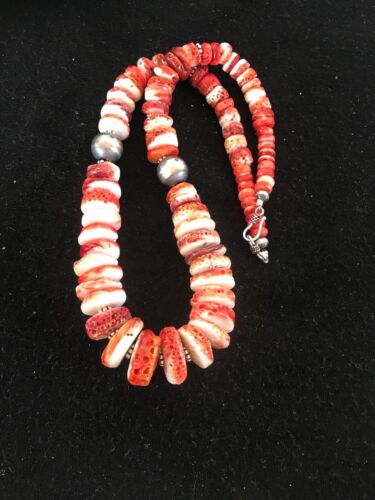 Navajo Red Spiny Oyster Necklace | Sterling Silver | Authentic Native American | Graduated | 21" | 8484