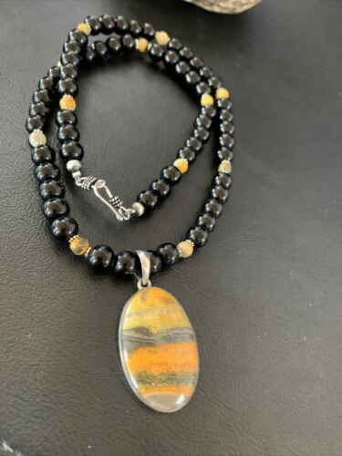 Men's Navajo Pearls Onyx Bumblebee Jasper Necklace Pendant | Sterling Silver | Native American Handmade | 10323