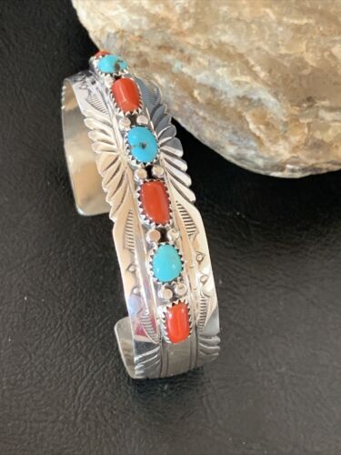 Navajo Blue Kingman Turquoise Coral Cuff Bracelet | 7 Strand | Sterling Silver | 12315
