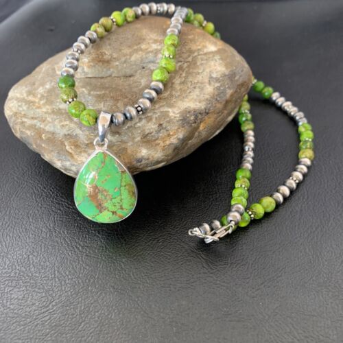 Women's Navajo Pearl Necklace with Green Mojave Turquoise Pendant | Sterling Silver | Native American Handmade | 11758