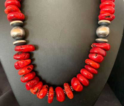 Navajo Red Coral Bead Necklace | Sterling Silver | 20" | Authentic Native American Handmade | 13375
