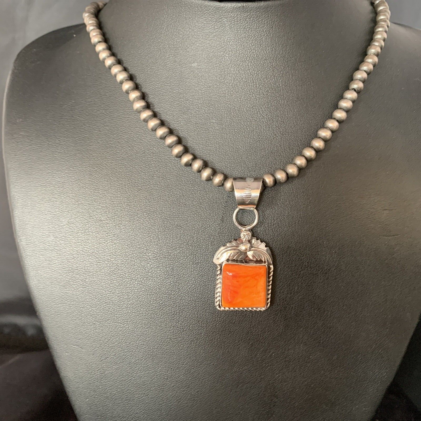 Navajo Orange Spiny Oyster Pendant | Sterling Silver Square Necklace | Authentic Native American Handmade | 13641