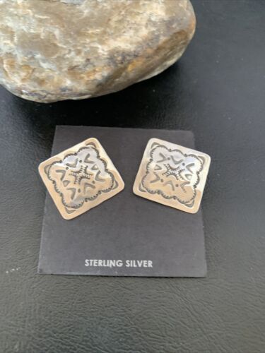 Native American Women's Post Earrings | 1" Navajo Sterling Silver Stamped | Handmade | 1655