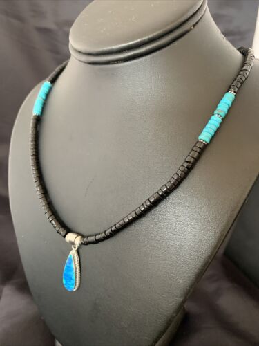 Navajo Opal Pendant Onyx Heishi & Turquoise Necklace | Sterling Silver | Authentic Native American Handmade | 4329