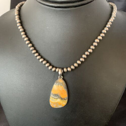 Navajo Yellow Bumblebee Jasper Pendant Necklace | Sterling Silver | Authentic Native American Handmade | 12812