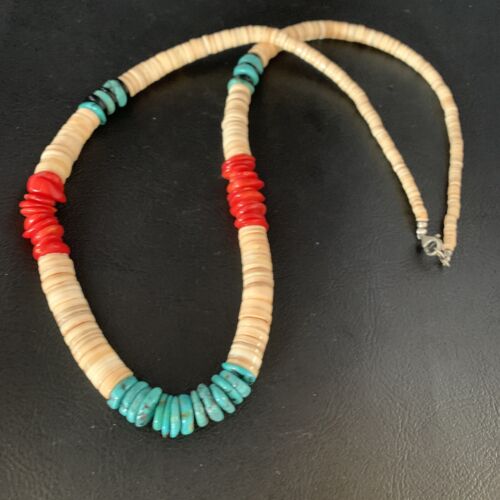 Authentic Native American Santo Domingo Necklace | Red Coral, Blue Turquoise, Onyx Shell | 22" | 13487