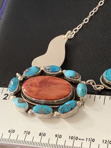 Navajo Red Spiny Oyster & Blue Turquoise Necklace | Sterling Silver | 21" | Authentic Native American Handmade | 2112