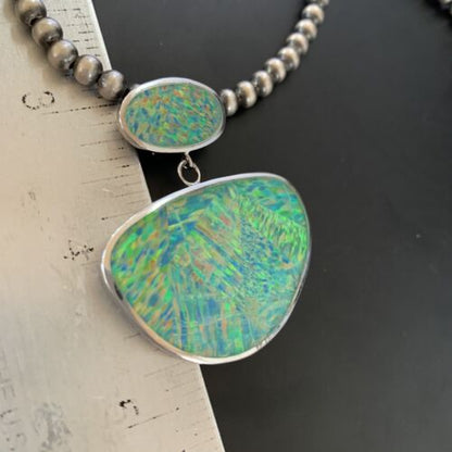 Navajo Blue Gilson Opal Inlay Pendant Necklace | Authentic Native American Sterling Silver | Multi-Stone | 11457 - Masha USA