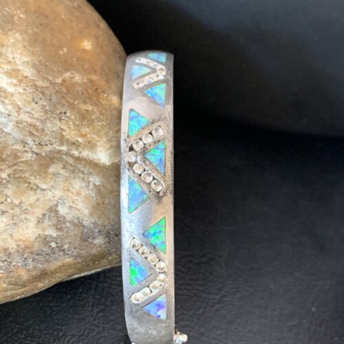 Navajo Blue Fire Opal Inlay Bracelet | Sterling Silver | 7" | Authentic Native American Handmade | 13126