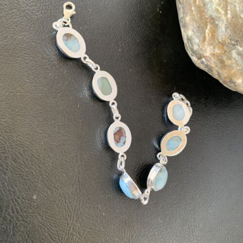 Navajo Blue Larimar 7-Link Bracelet | Sterling Silver | 7.5" | Authentic Native American Handmade | 10624