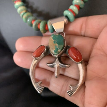 Navajo Pearl Necklace with Royston Turquoise & Coral Naja Pendant | Sterling Silver | 13813