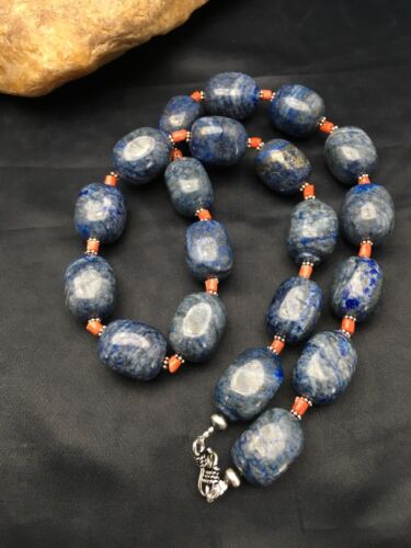 Southwestern Denim Chunky Lapis Coral Necklace | Sterling Silver | 21" | 2817
