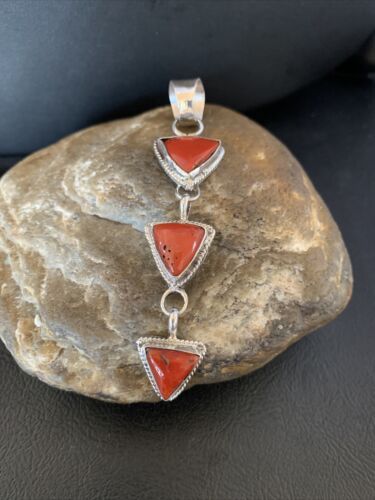 Native American Navajo Sterling Silver Red Coral Necklace Pendant 13241