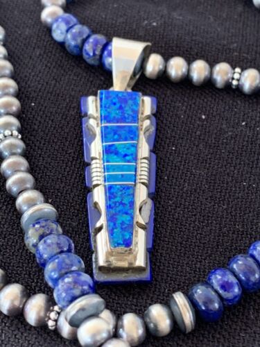 Southwestern Navajo Sterling Silver Necklace Pendant | Purple Opal Lapis Inlay | Authentic Native American Handmade | 00595