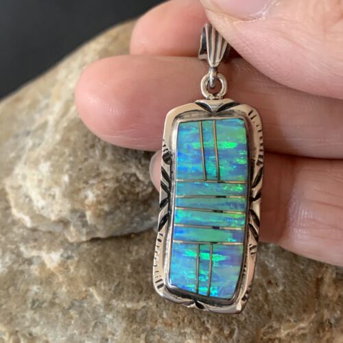 Authentic Native American Navajo Sterling Silver Pendant | Blue Faux Opal Inlay | 01480