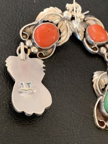 Navajo Green Royston Turquoise & Red Coral Dangle Earrings | Sterling Silver | Native American Handmade | 12553