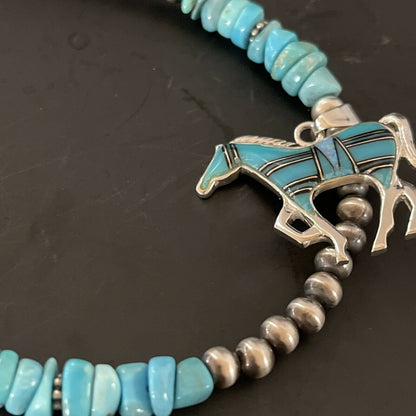 Navajo Horse Inlay Pendant | Blue Turquoise Opal | Sterling Silver | Authentic Native American Handmade | 11328