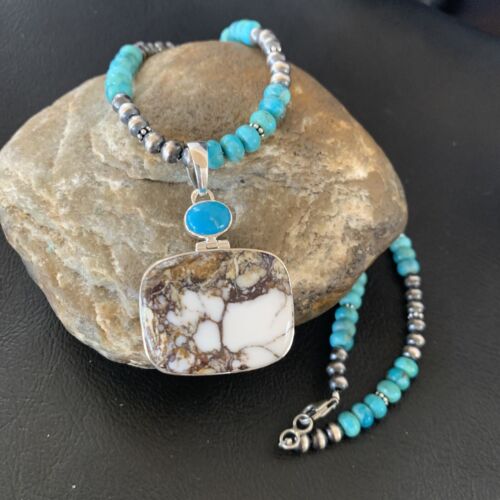 Navajo Pearl Blue Turquoise, Wild Horse & Multi-Stone Pendant Necklace | Authentic Native American Sterling Silver | 11862