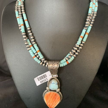 Navajo Dry Creek Turquoise Pendant | Sterling Silver Spiny Necklace | 2.5" | Multi-Strand | 13580 - Masha USA