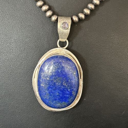 Native American Men's Navajo Pearls Necklace Pendant | Sterling Silver Lapis | 14467