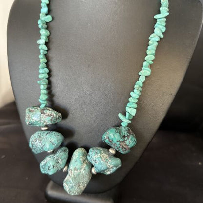 Navajo Chunky Blue Turquoise Necklace | Sterling Silver | Authentic Native American Handmade | 20" | 14413