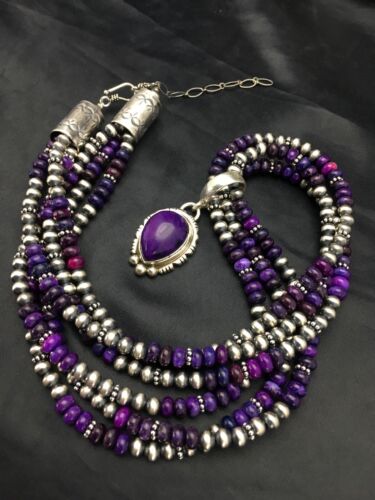 Navajo Pearls Sugilite Bead Necklace Pendant Set | 3-Strand Sterling Silver | 21" | 2885