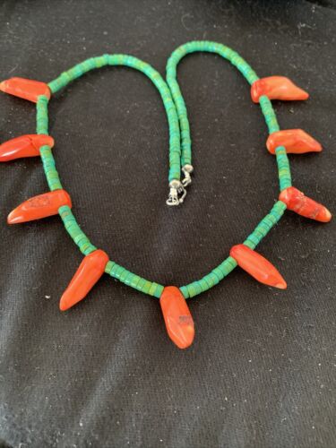 Navajo Turquoise Coral Chili Pepper Necklace | 20" | Sterling Silver Beads | Southwestern | 00828
