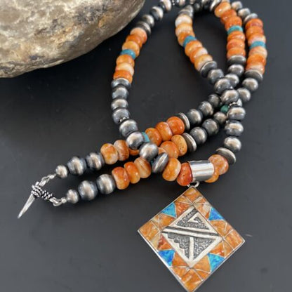 Navajo Pearls Sterling Silver Necklace | Orange Spiny Oyster Opal Inlay Pendant | 11320
