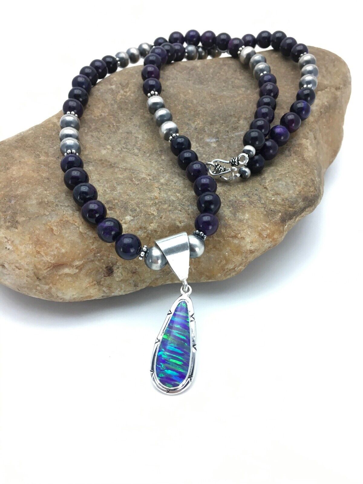 Navajo Purple Sugilite Necklace with Opal Pendant | Sterling Silver | 23" | Authentic Native American Handmade | 2794