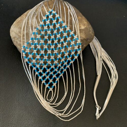 Turquoise Liquid Silver Heishi Necklace | 10 Strand Sterling Silver Tube | 19" | 12629