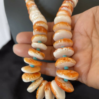 Authentic Native American Navajo Turquoise & Orange Spiny Oyster Necklace | Sterling Silver | Graduated | 22" | 10588