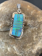 Authentic Native American Navajo Sterling Silver Pendant | Blue Faux Opal Inlay | 01480
