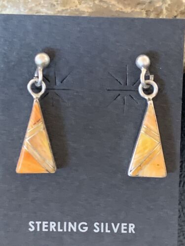 Navajo Orange Spiny Oyster Inlay Earrings | Sterling Silver | Minimalist Dangle | 12678