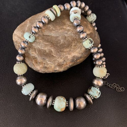 Dry Creek Turquoise Navajo Pearls Beaded Necklace | Sterling Silver | 21" | Authentic Native American Handmade | 14101 - Masha USA
