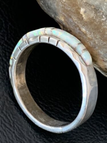 Navajo White Opal Inlay Ring | Sterling Silver | Sz 10.5 | Authentic Native American Handmade | Yazzie| 10618