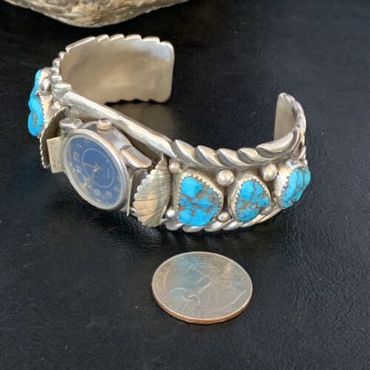 Navajo Sterling Silver Watch Cuff Bracelet | Blue Kingman Turquoise | Authentic Native American Jewelry | 13711