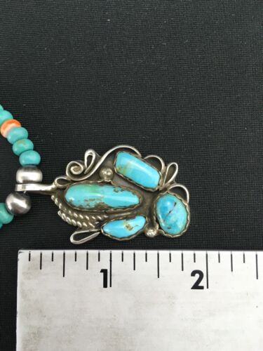 Navajo Blue Turquoise and Spiny Oyster Multi-Stone Pendant Necklace | Authentic Native American Sterling Silver | 21" | 4886 - Masha USA
