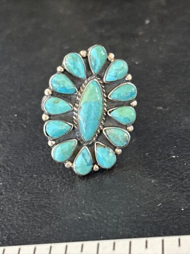 Navajo Blue Turquoise Cluster Ring | Authentic Native American Sterling Silver | Multi-Stone | Sz 9 | 14265