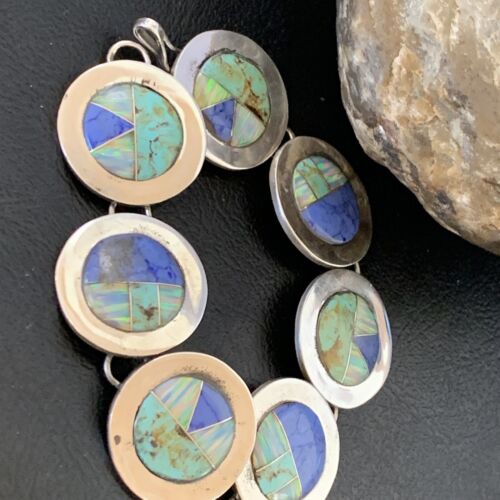 Navajo Opal Turquoise Blue Lapis Inlay Link Bracelet | Sterling Silver | 8" | Authentic Native American Handmade | 12654