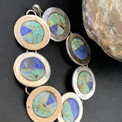Navajo Opal Turquoise Blue Lapis Inlay Link Bracelet | Sterling Silver | 8" | Authentic Native American Handmade | 12654