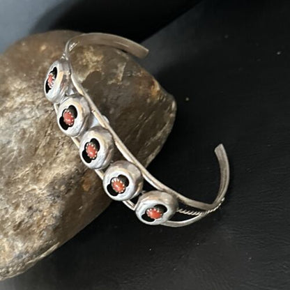 Navajo Red Coral Shadowbox Cuff Bracelet | Sterling Silver | Authentic Native American Handmade | 14591