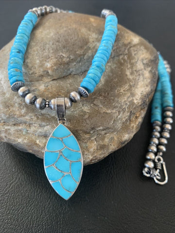 Stunning Zuni Blue Sb Turquoise Sterling Silver Necklace Inlay Pendant 02092