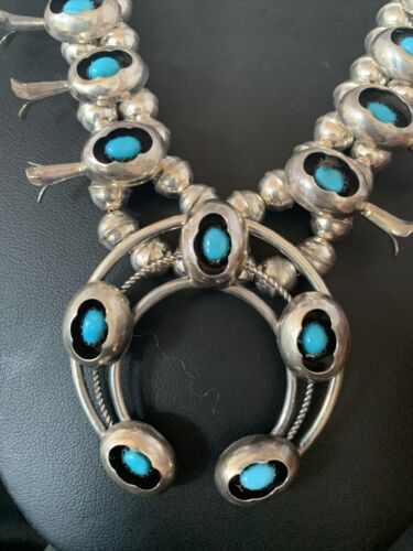 Navajo Kingman Turquoise Shadowbox Squash Blossom Necklace | Sterling Silver | Authentic Native American Handmade | 13108