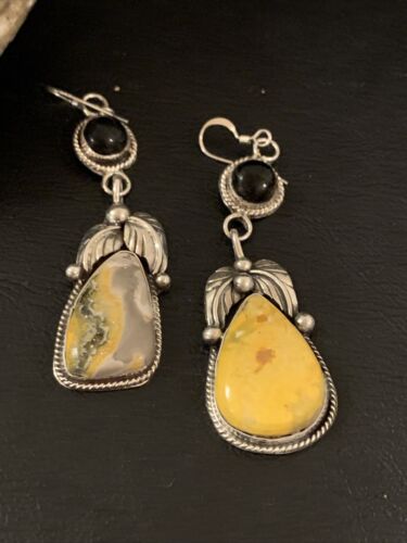 Native American Navajo Black Onyx Bumblebee Jasper Dangle Earrings | Sterling Silver | 2" | 1537