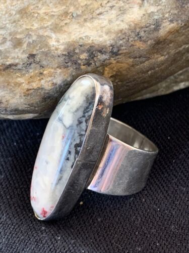 Native American Men's Navajo Cinnabrite Ring | White Black | Sterling Silver | Sz 7.5 | 1555