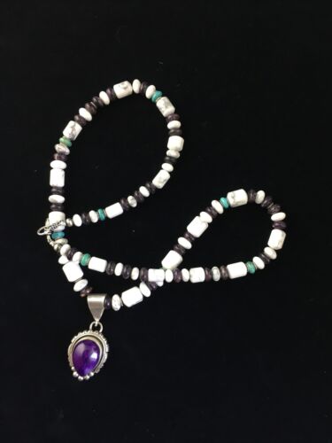 Men's Navajo Purple Sugilite Turquoise Bead Necklace | Sterling Silver | 22" | Authentic Native American Handmade | 10031