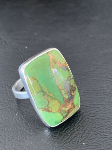 Adjustable Navajo Green Mojave Turquoise Ring | Sterling Silver | Sz 8 | Authentic Native American Handmade | 11791 - Masha USA