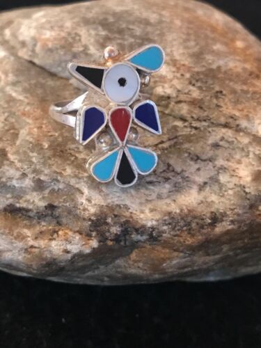 Zuni Peyote Bird Ring | Turquoise Onyx Coral Mother of Pearl Inlay | Sz 6.6 | Sterling Silver | 10792