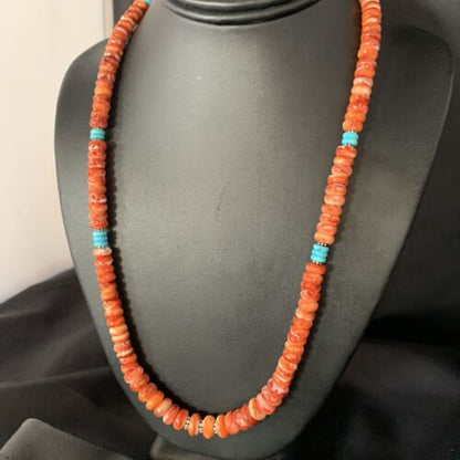 Navajo Turquoise & Red Spiny Oyster Graduated Necklace | Sterling Silver | Authentic Native American | 22" | 13516